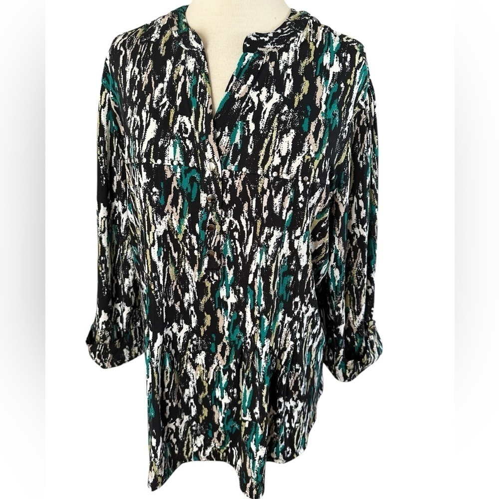 COCOMO 1X Black Green 3/4 sleeve Plus Size women’s Pintuck Blouse …